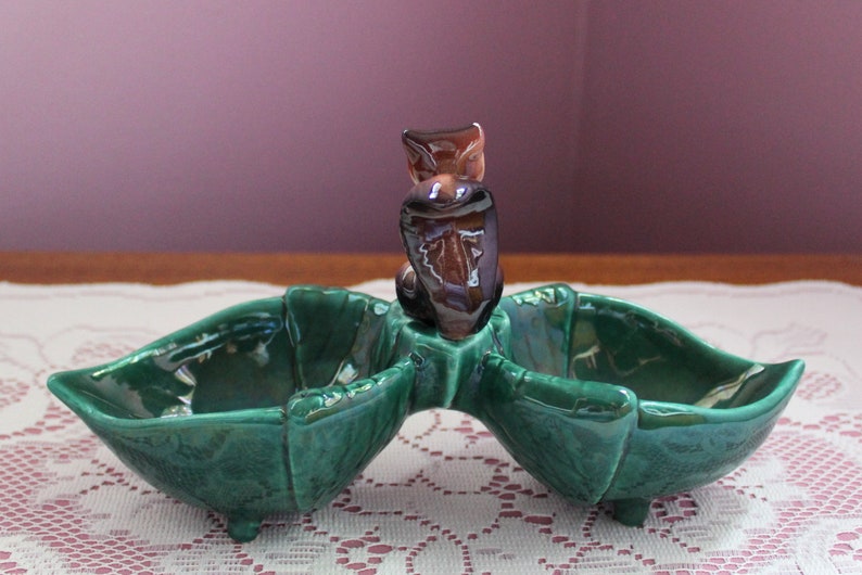 Mid Century Squirrel Two Compartment Green CandyNut Dish