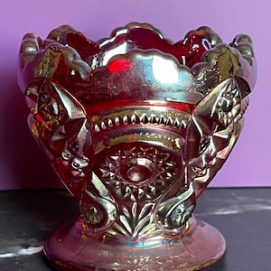 Imperial Sunset Ruby Red Carnival Glass Toothpick Holder - Gold-Toned Vintage Treasure