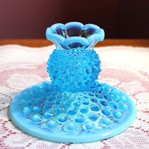 Fenton &quot;Blue Opalescent&quot; Hobnail Candleholder - MINT