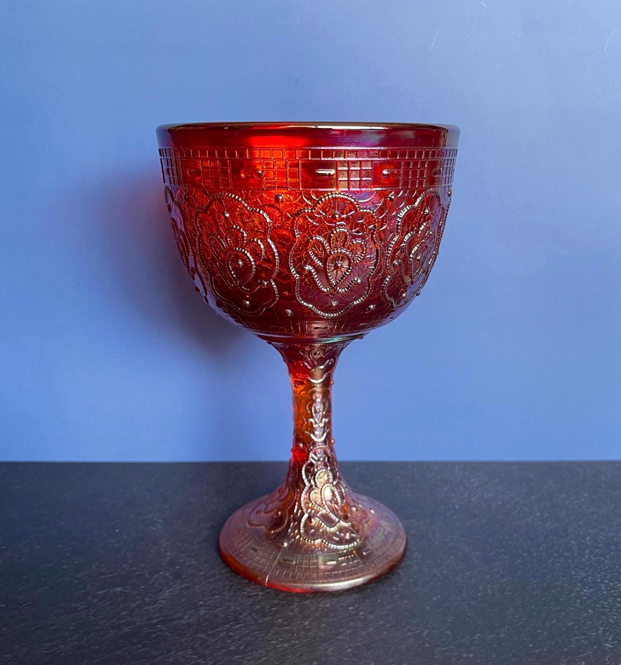 MINT Fenton Persian Medallion Red Carnival Glass Chalice – 6-1/2