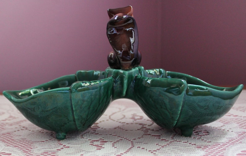 Mid Century Squirrel Two Compartment Green CandyNut Dish