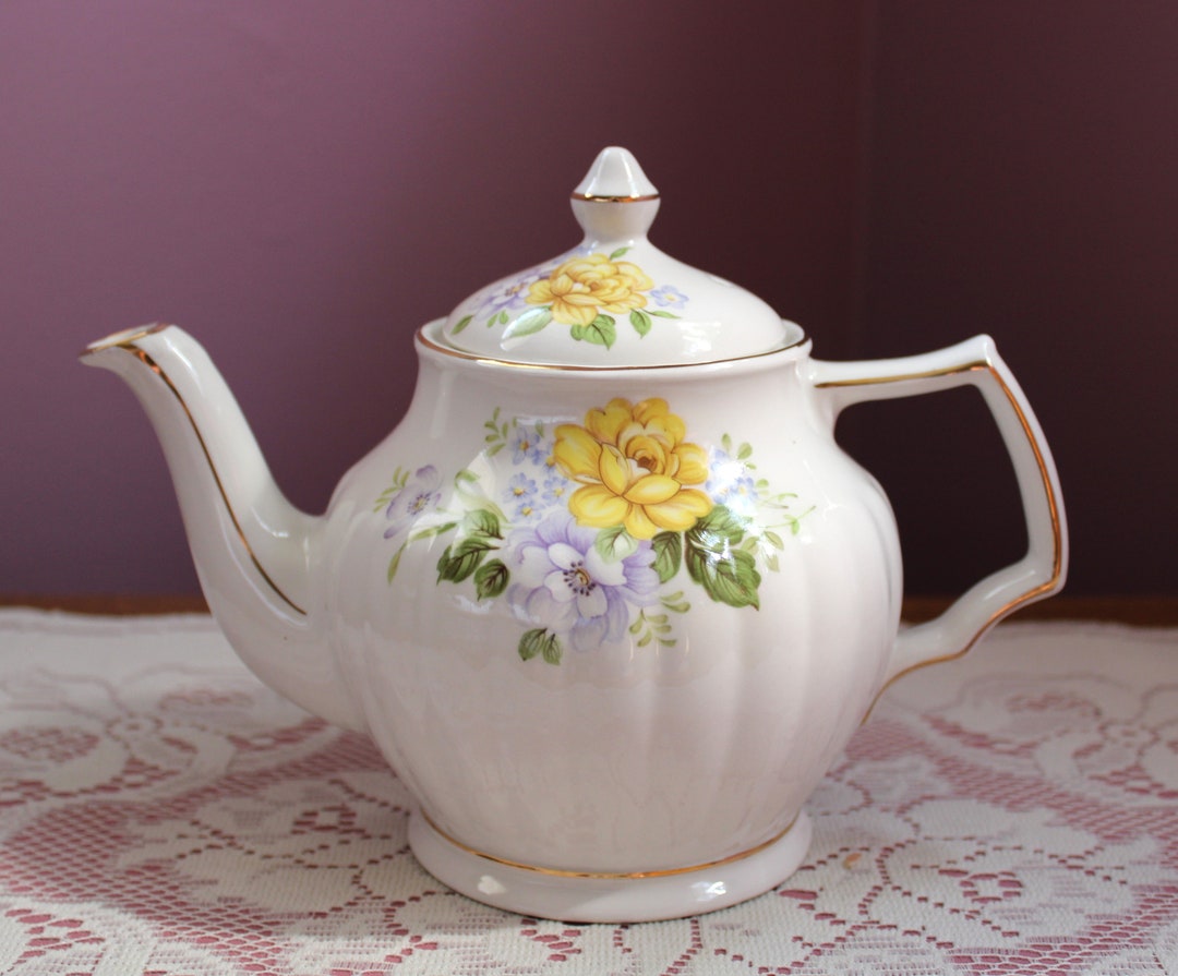MINT Vintage Sadler Porcelain Teapot Yellow Purple and Etsy