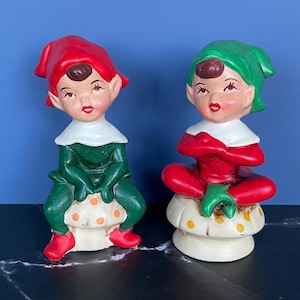 Adorable Lefton Pixies Sitting on Mushrooms #6393 - Ceramic Figurines  Made in Japan