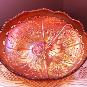 Antique Fenton Peacock and Dahlia Marigold Carnival Glass Bowl
