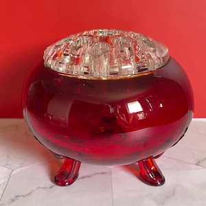Mid Century Ruby Red Glass Flower Frog Bowl, Three-Footed Posy Vase with Insert