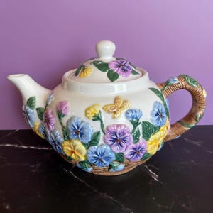 Beautiful Vintage Ceramic Floral Teapot – Embossed Pansies & Butterfly