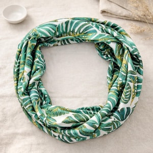 Green Leaf Infinity Scarf | Cotton Knit Neck Warmer | Tropical Loop Scarf