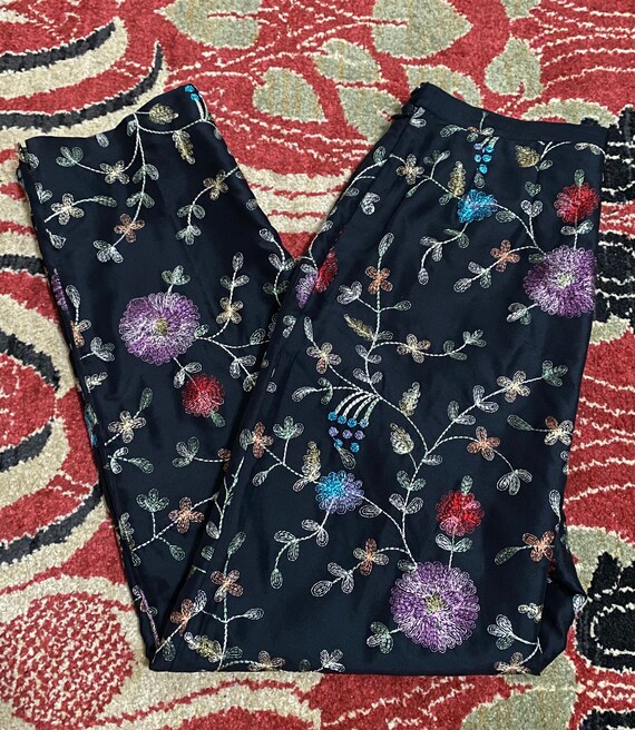 Floral Embroidered Silk Pants - image 3