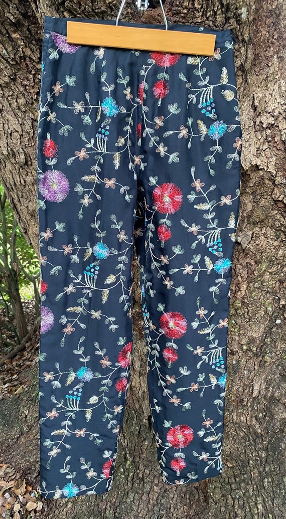 Floral Embroidered Silk Pants - image 1