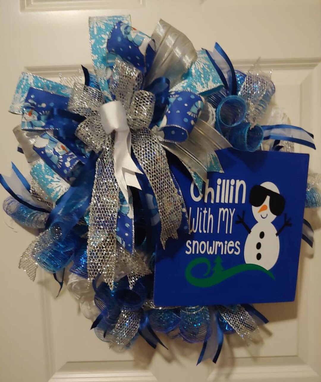 Blue White and Silver Winter Wreath for Front Door, Cool Snowman Wreath ...