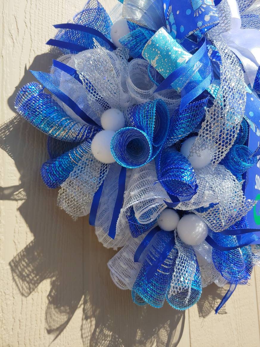 Blue White and Silver Winter Wreath for Front Door, Cool Snowman Wreath ...