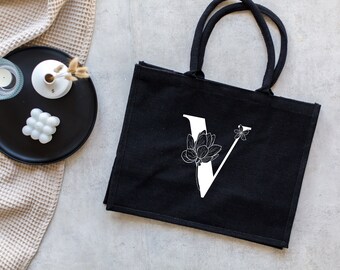 Bolsa de yute negra "Flor del alfabeto"