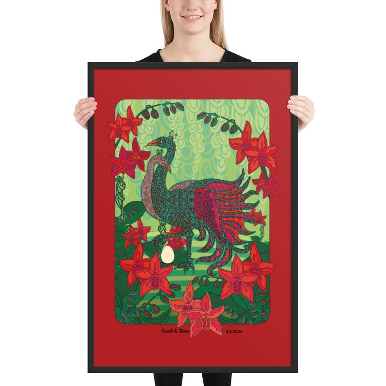 Unique Personalized Art Peacock Red Engagement Present For Couples Wedding Anniversary Gift Framed Poster