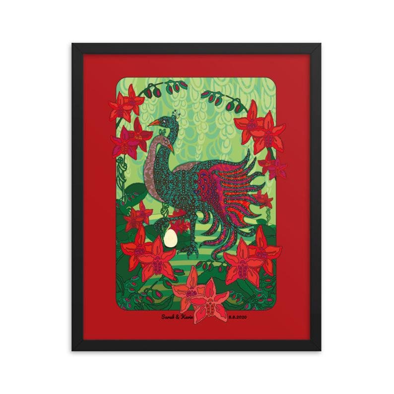 Unique Personalized Art Peacock Red Engagement Present For Couples Wedding Anniversary Gift Framed Poster