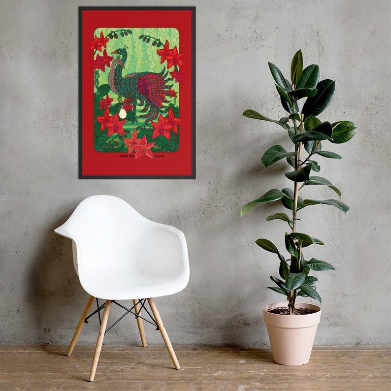 Unique Personalized Art Peacock Red Engagement Present For Couples Wedding Anniversary Gift Framed Poster