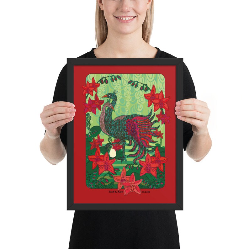 Unique Personalized Art Peacock Red Engagement Present For Couples Wedding Anniversary Gift Framed Poster