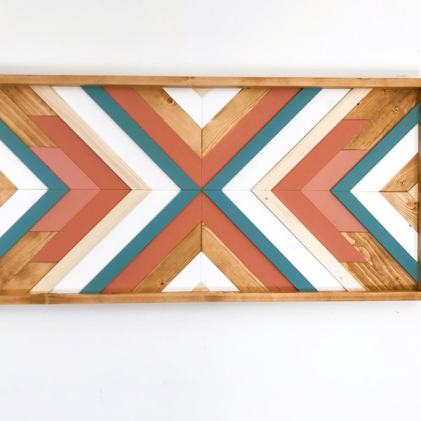 Large Geometric Wooden Wall Art - Boho Chic Headboard - Pastel Colors Wall Decor - Bohemian Home Accent -  Handcrafted Geometric Wall Art