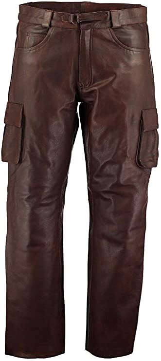 Image of Men's Brown Genuine Leather Cargo Combat Pants Biker Trouser