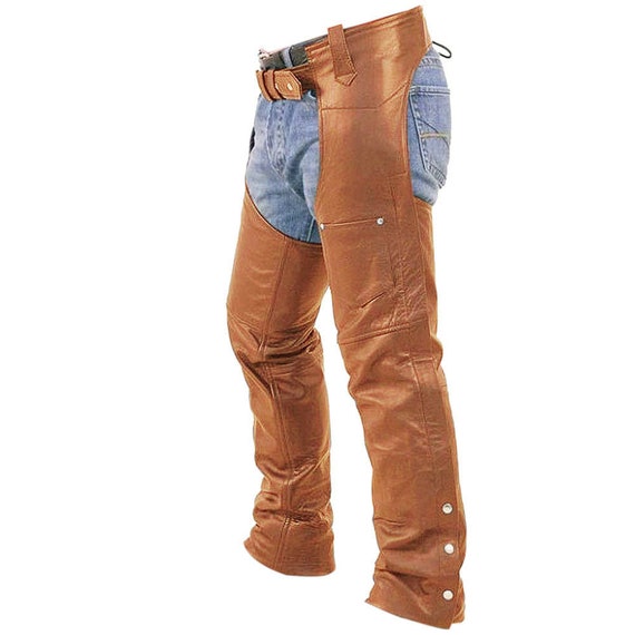 Men's Brown Genuine Leather Chaps Biker 