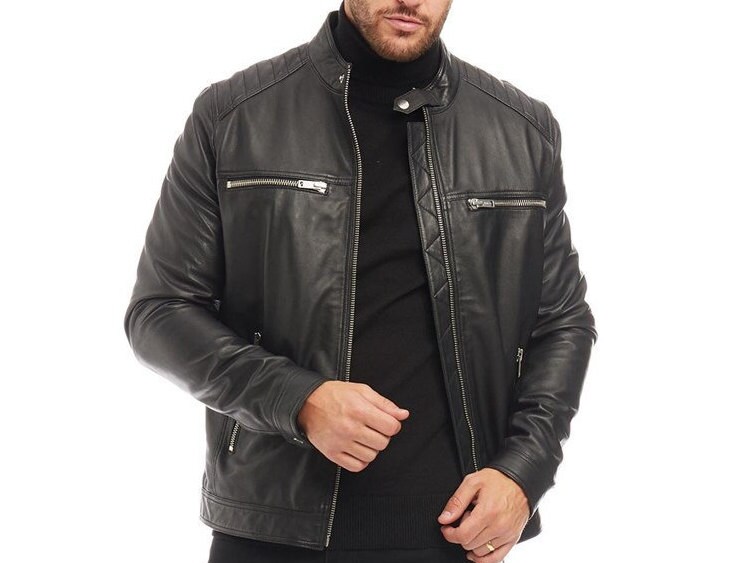 Image of Men's Black/Brown Genuine Leather Racer Neck Biker Jacket