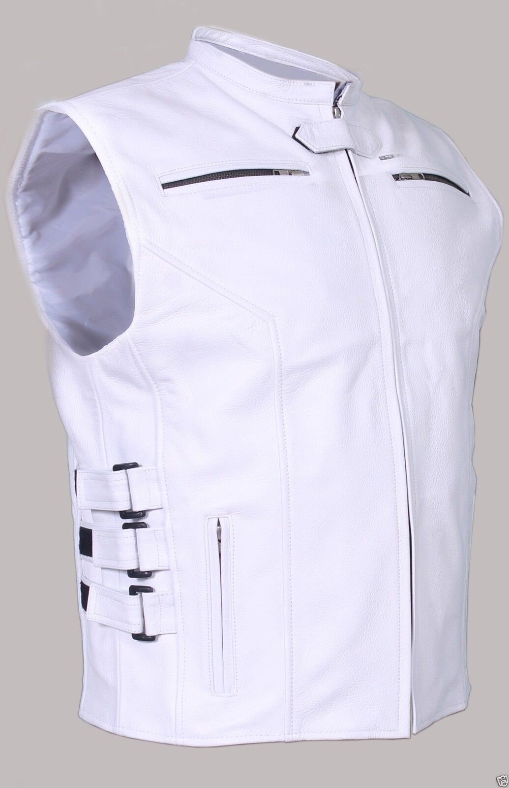 Image of Mens White Genuine Leather Swat Style Biker Vest