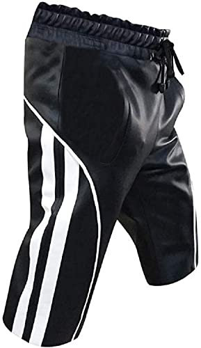 Image of Men's Genuine Leather Black Shorts With White Stripes