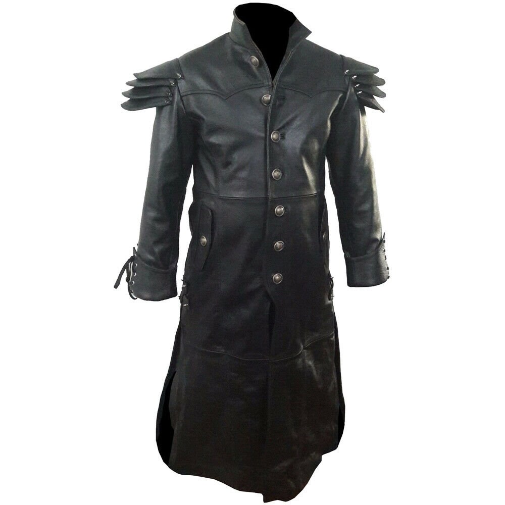 Image of Men's Black Genuine Leather Trench Coat Matrix Steampunk Gothic