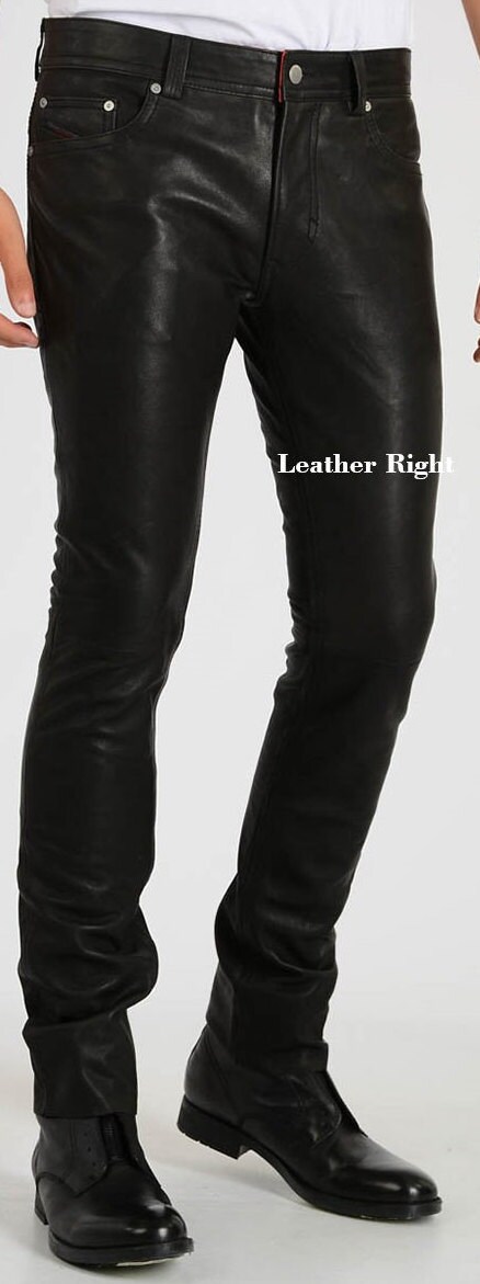 Image of Men's Real Leatrher Skinny Black Trouser