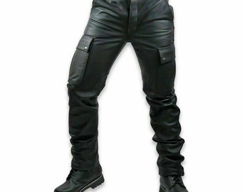 Men's Black Genuine Leather Cargo Pants Trouser | Etsy