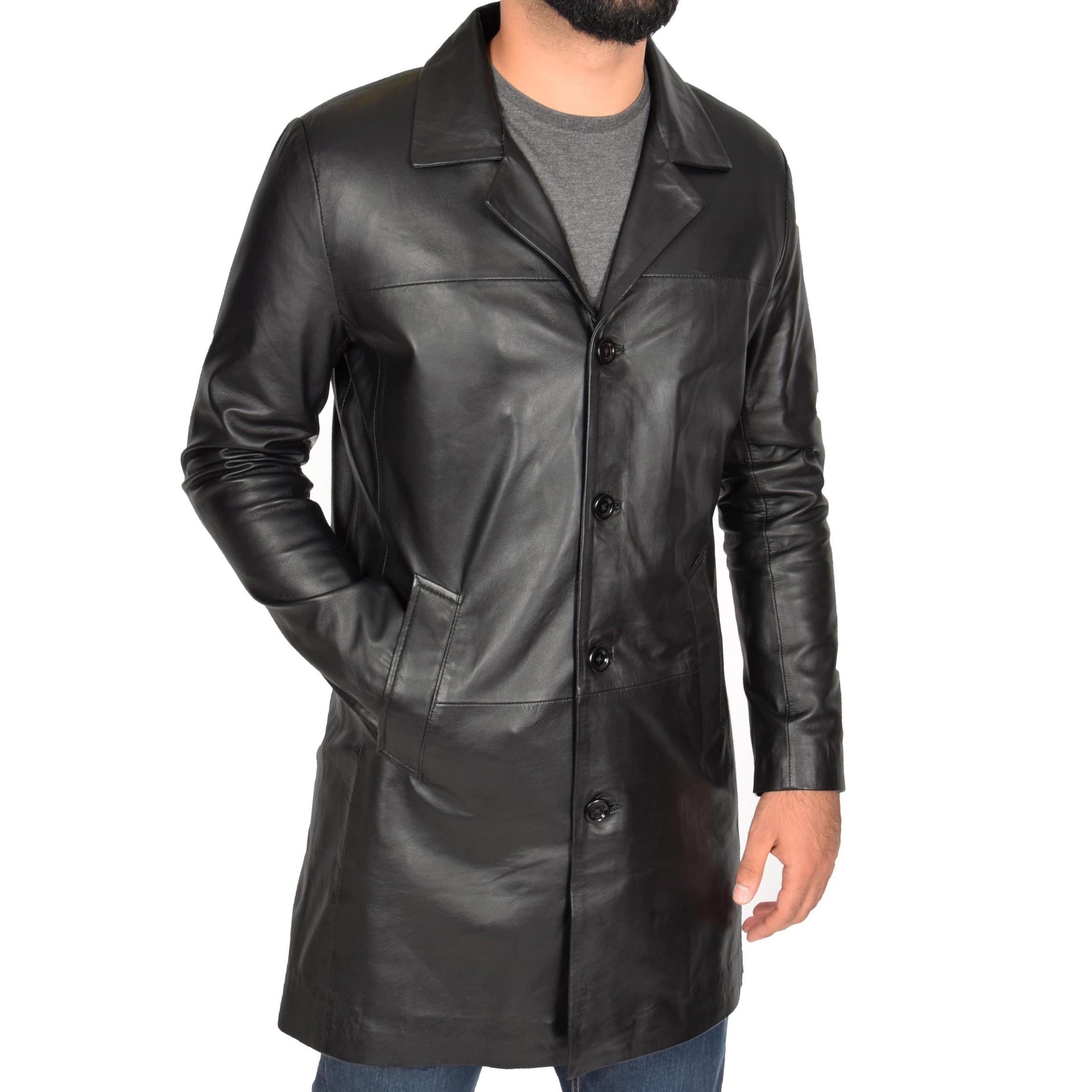 Image of Men's Black Genuine Lambskin 3/4 Length Coat Jacket