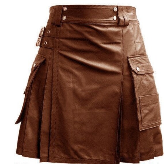 Men's Leather Utility Kilt Twin CARGO Pockets Pleated with Twin Buckles 