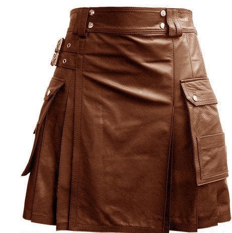 Image of Men's Leather Utility Kilt Twin Cargo Pockets Pleated With Buckles