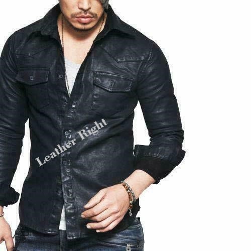 Image of Men's Real Leather Slim Fit Biker Vintage Full Sleeve Shirt