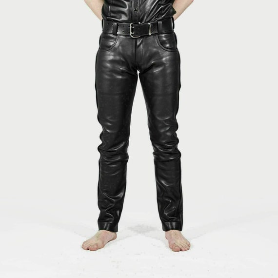 Men's Black Genuine Leather Slim Fit Biker Jeans Pants - Etsy