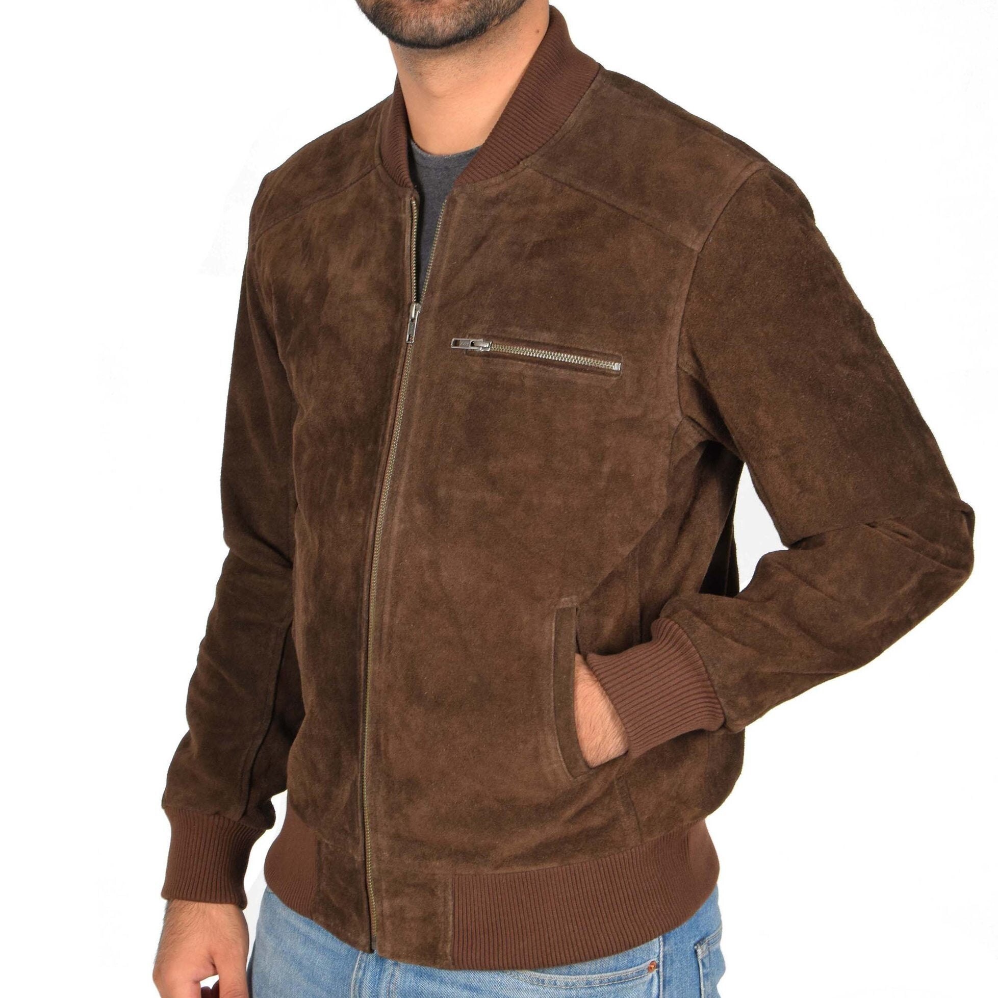 Image of Men's Brown Suede Bomber Jacket