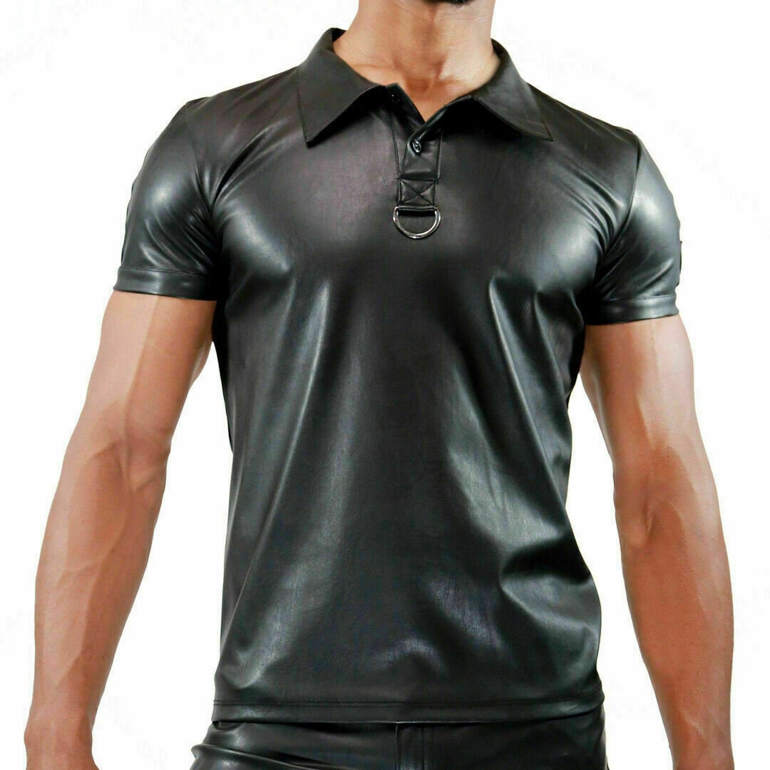 Image of Men's Black Genuine Leather Polo Shirt