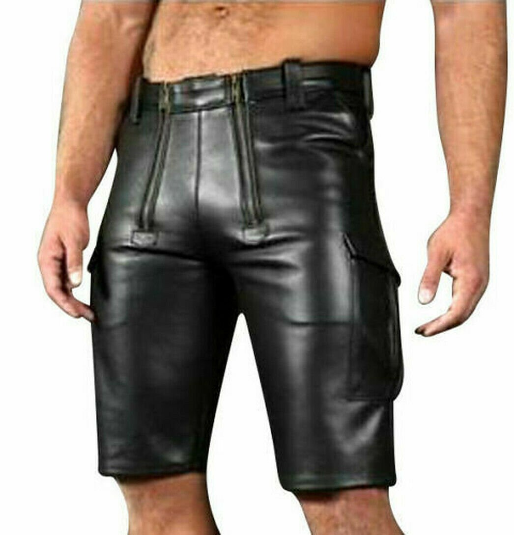 Image of Men's Genuine Leather Cargo Shorts With Double Front Zip