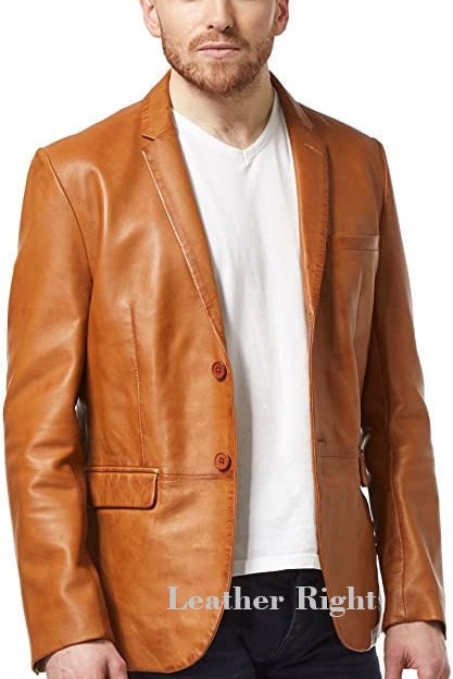 Image of Men's Tan Genuine Lamb Leather Blazer Jacket