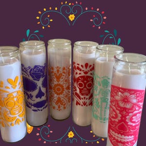 Veladoras Dia de los Muertos, Mexican Holiday, Day of the Dead candles.