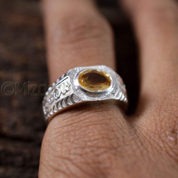 Natural Citrine Mens Ring 925 Sterling Silver Citrine Gold Etsy