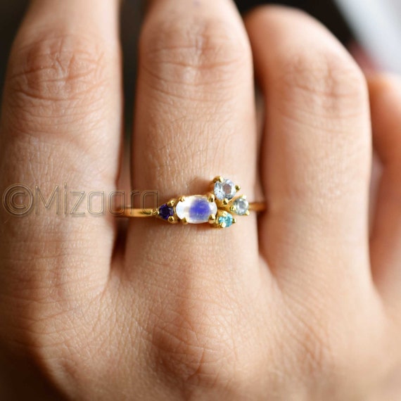 RRP £50 Elegant 925 Sterling Silver Rings With Real Indian Rainbow Moonstone RRP £50 Elegant 925 Sterling Silver Rings With Real Indian Rainbow Moonstone
