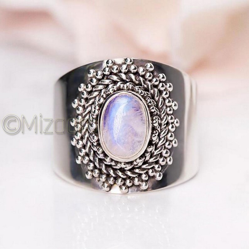 Boho Moonstone Ring Sterling Silver Women Statement Ring Bohemian Gypsy Blue Moonstone Rainbow Moonstone Wide Band Boho Jewelry