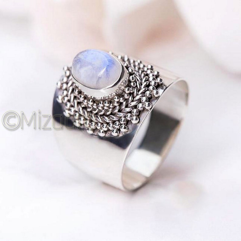 Boho Moonstone Ring Sterling Silver Women Statement Ring Bohemian Gypsy Blue Moonstone Rainbow Moonstone Wide Band Boho Jewelry