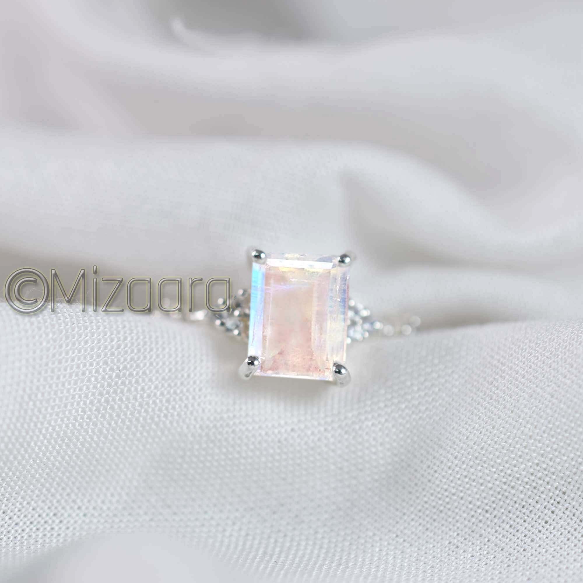925 Sterling Silver Rectangle Cut Rainbow Moonstone Women Wedding Ring Jewelry 925 Sterling Silver Rectangle Cut Rainbow Moonstone Women Wedding Ring Jewelry