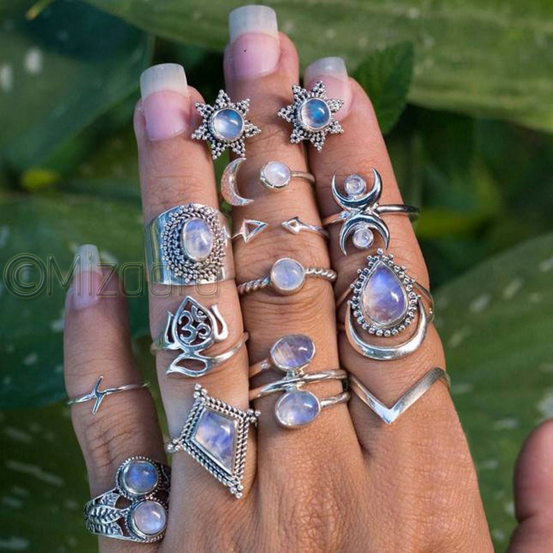 Boho Moonstone Ring Sterling Silver Women Statement Ring Bohemian Gypsy Blue Moonstone Rainbow Moonstone Wide Band Boho Jewelry