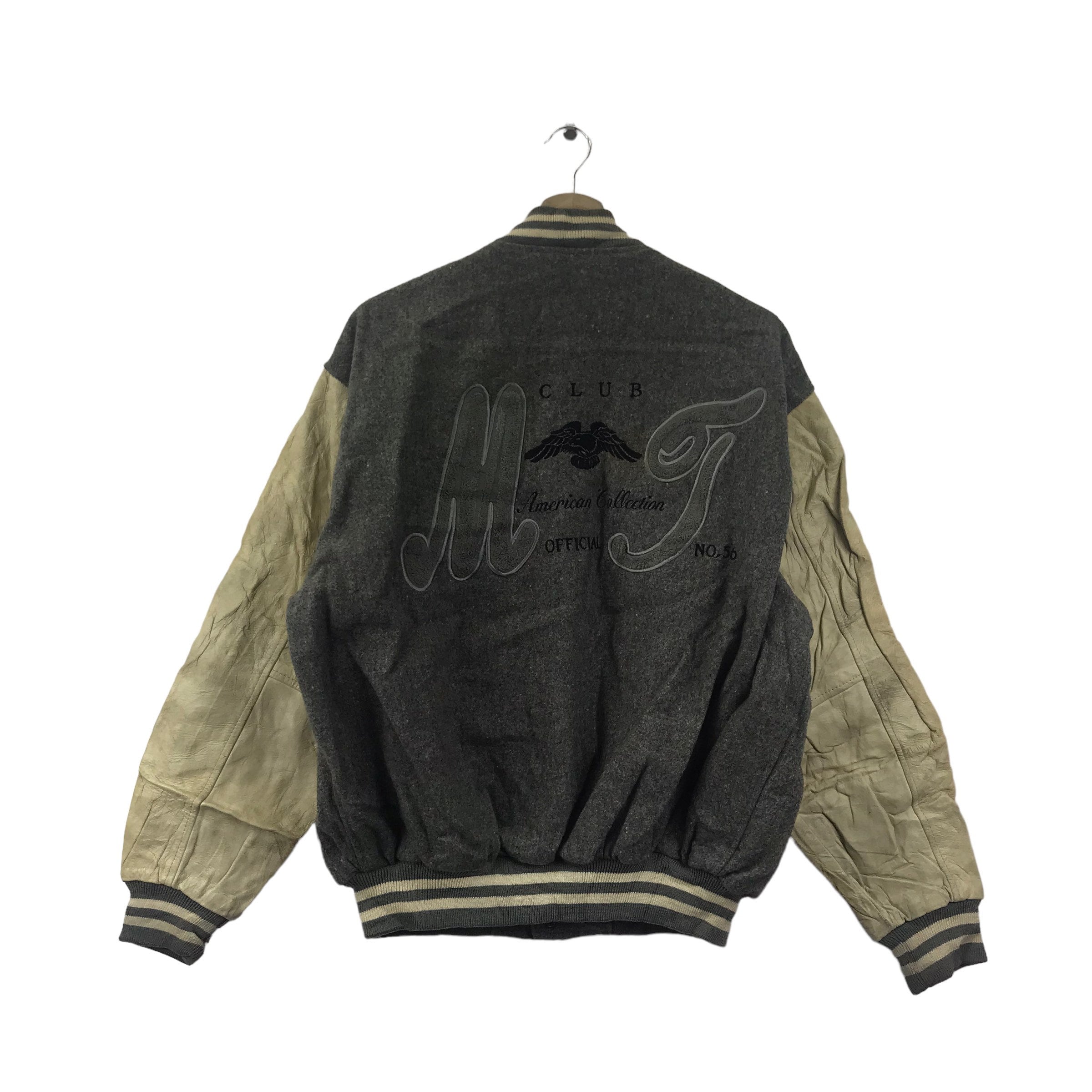 MEN'S TOMA Embroidered Logo Grey Varsity Leather Jacket Bomber