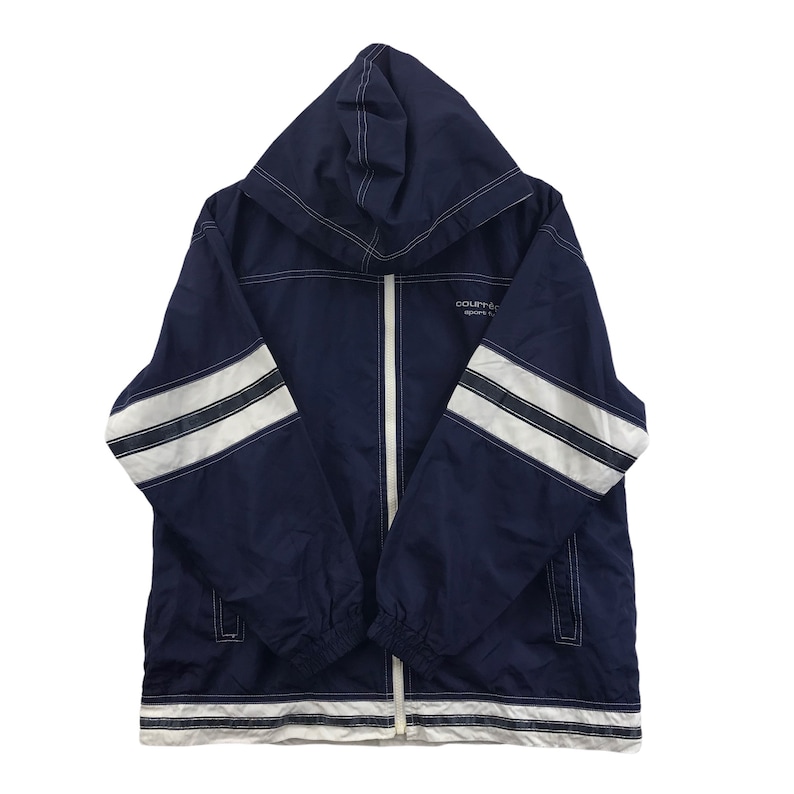 May include: Navy blue hooded jacket with white accents. Features a full-length zipper, white stripes on the sleeves, and the text "COURR&Egrave;GES SPORTS F." on the chest. The jacket has a white hem and hood trim.