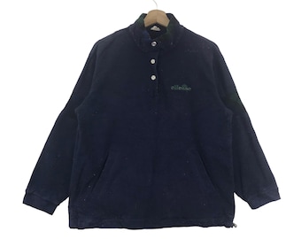 Vintage ELLESSE Embroidered Logo Navy Button Up Fleece Sweatshirt