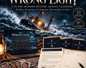 May include: A 24-day murder mystery advent calendar titled The Wrong Light, featuring a laptop displaying a 24-day grid, numbered envelopes, a case file document, a score sheet, a compass, and a lantern against a stormy sea background.