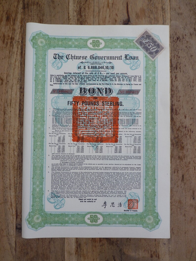 China Bond Loan Skoda Loan for 50 Pounds Sterling 1925